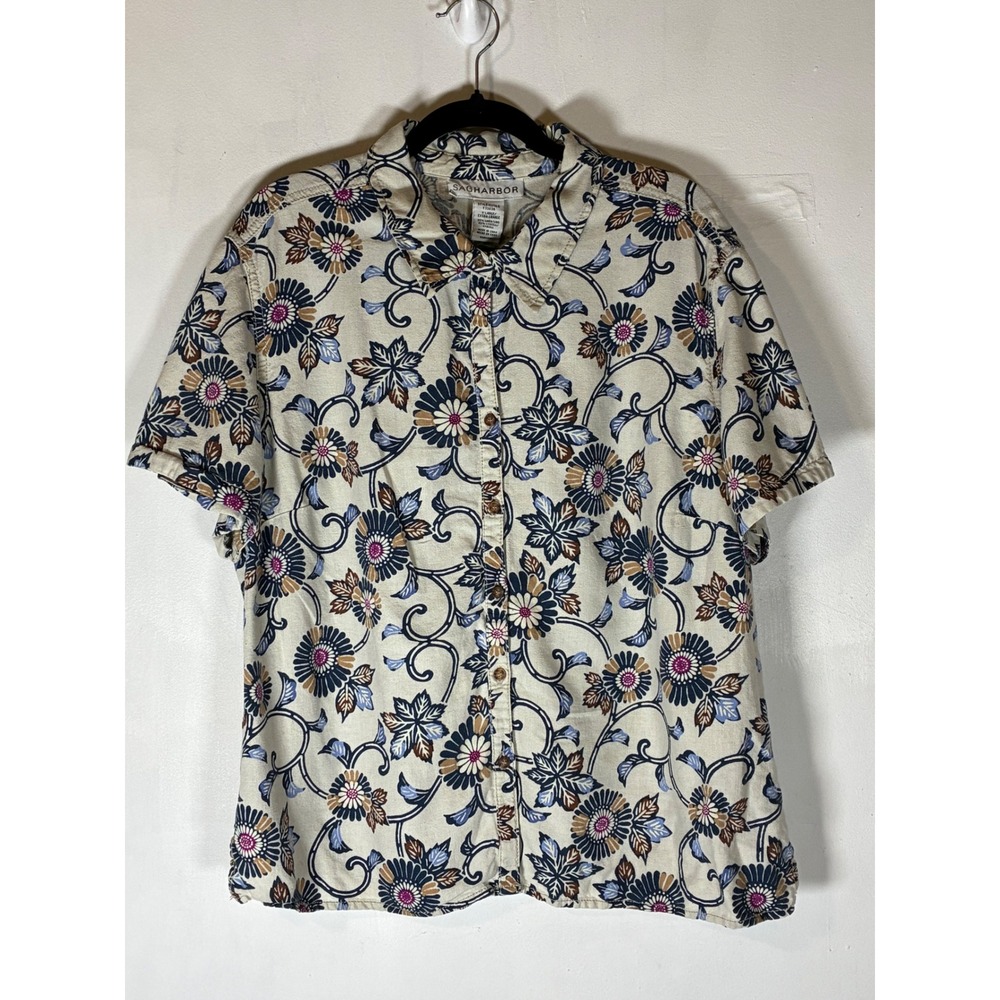 Sag Harbor XL Linen Lyocell Floral Button‎ Up Shirt Beige Blue Casual Vacation
